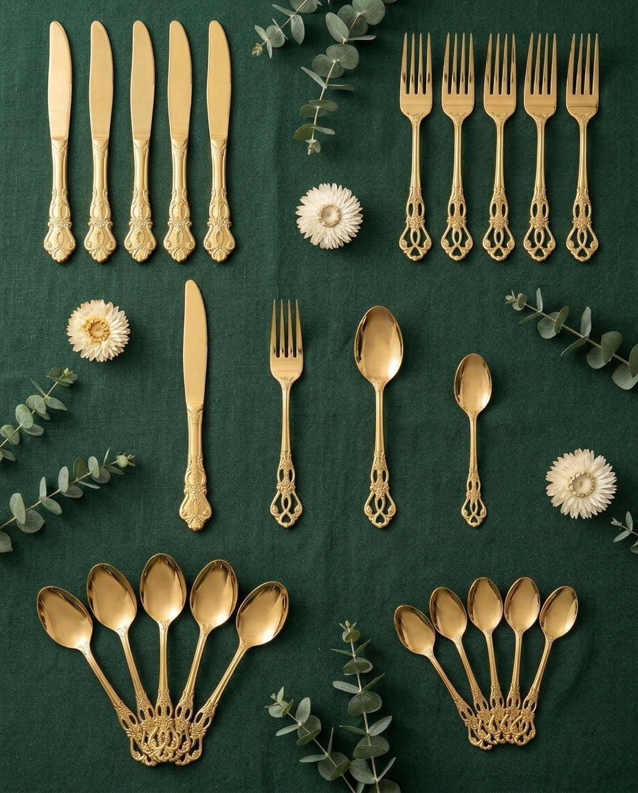 Gold Cutlery Set 24-Piece – Ornate Handle Flatware