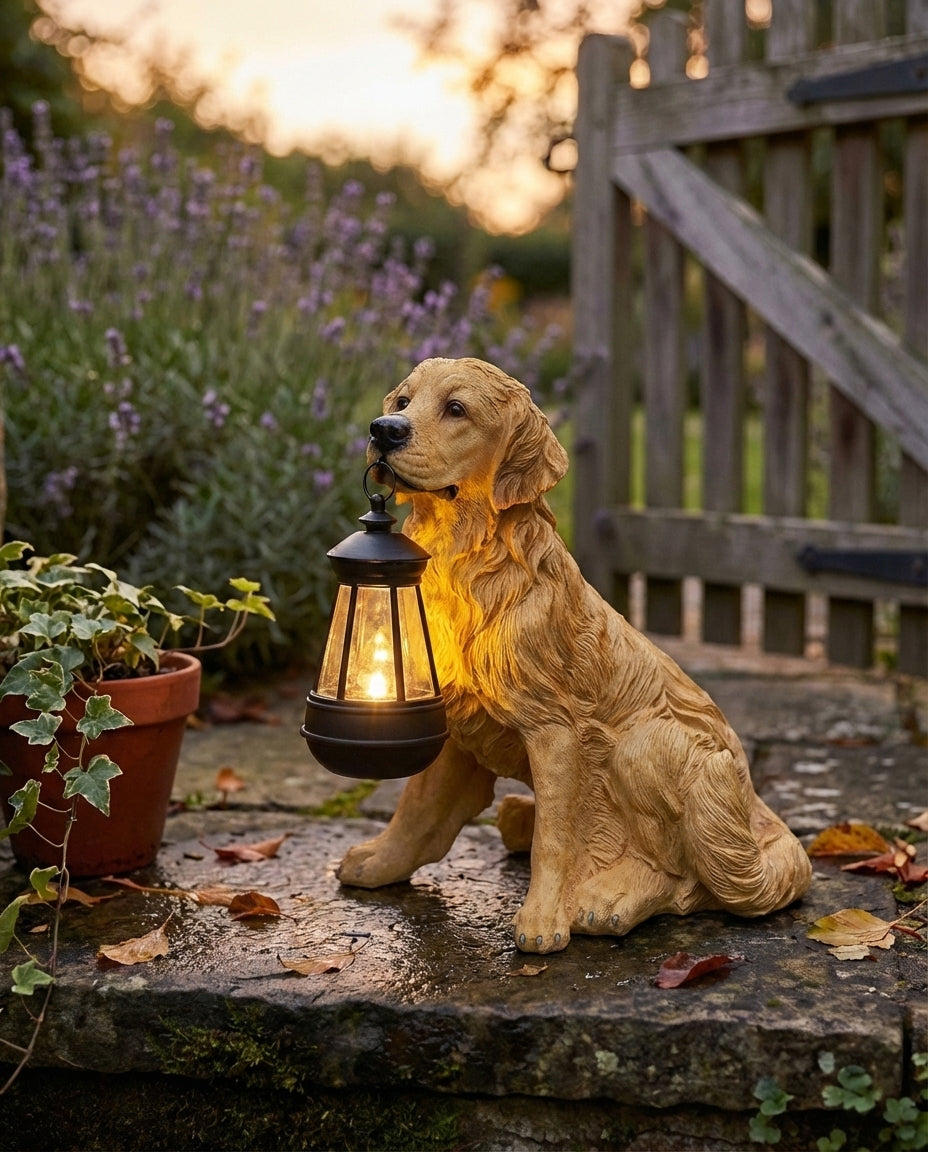 Solar Garden Dog Statue with LED Lantern | Weatherproof