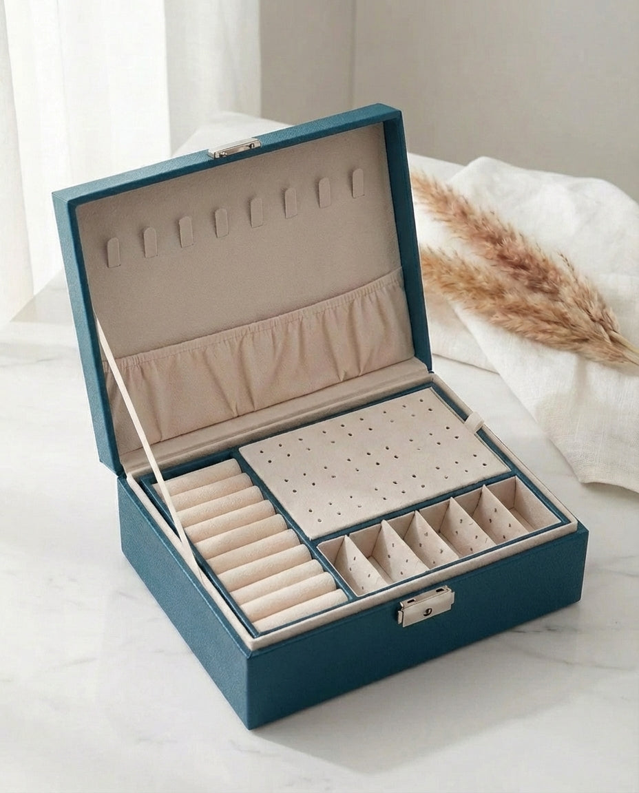 Double-Layer Leather Jewellery Box | Lockable Organiser