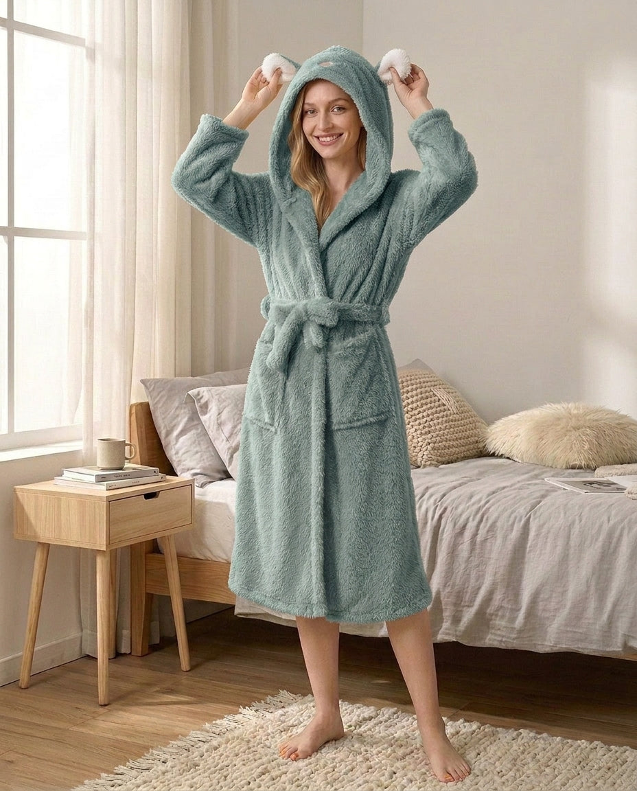 Hooded Fleece Bathrobe – Plush Rabbit Ear Design