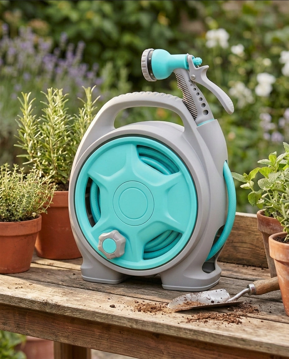 Compact Hose Reel Cart with Spray Nozzle | Garden Watering