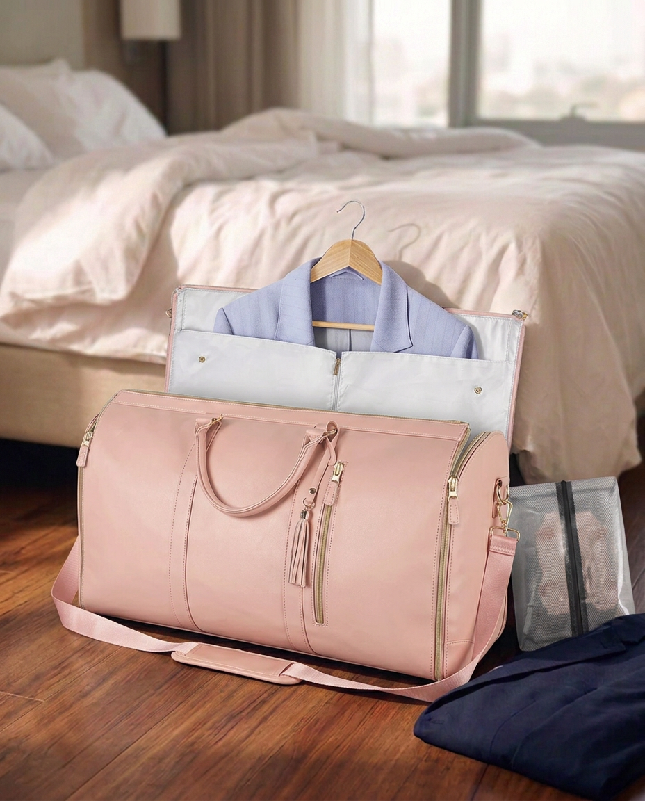 Garment Carry Bag – Foldable PU Leather Weekend Holdall