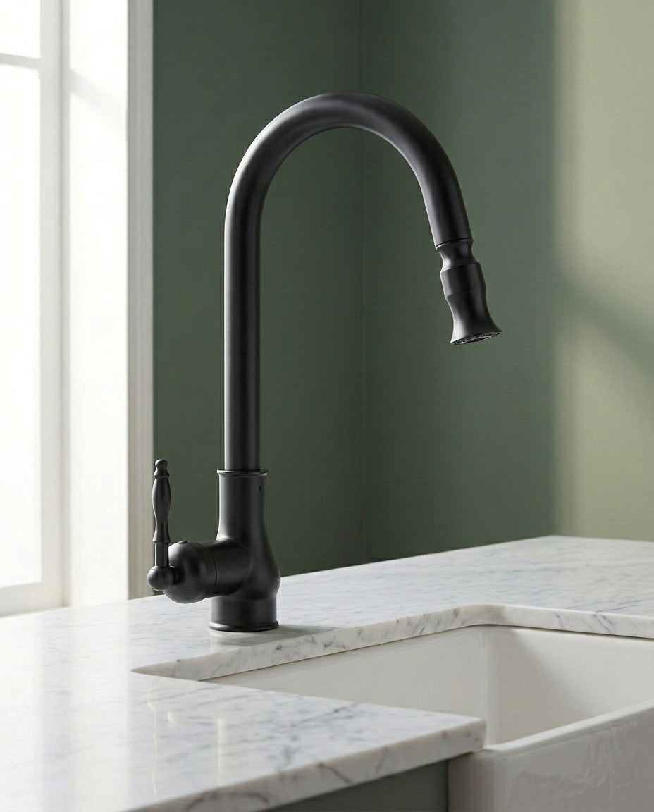 Antique Brass & Matte Black Kitchen Tap | Swivel Spout