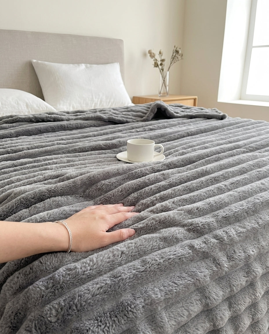 Faux Rabbit Fur Striped Throw Blanket | Soft & Warm