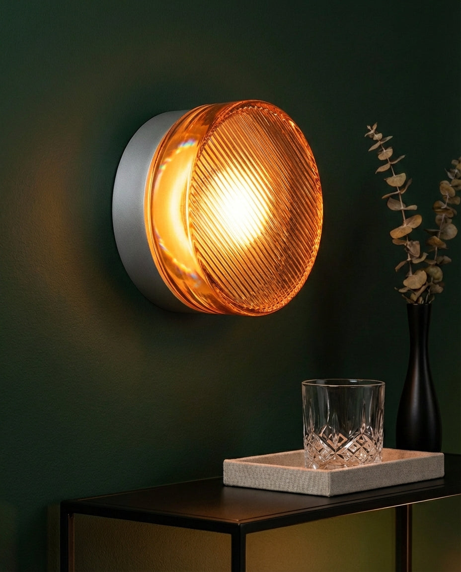 Round Glass Wall Light Sconce – Ribbed LED Lamp