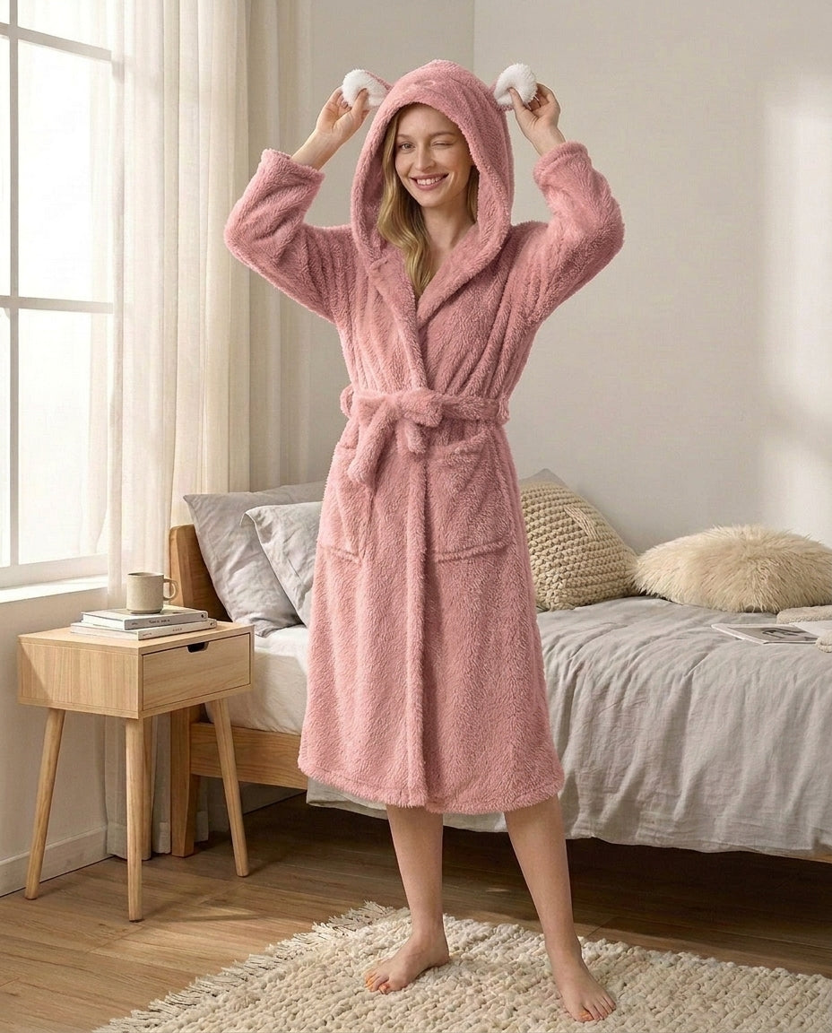 Hooded Fleece Bathrobe – Plush Rabbit Ear Design