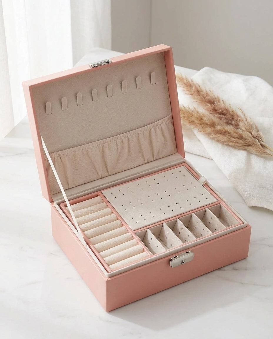 Double-Layer Leather Jewellery Box | Lockable Organiser