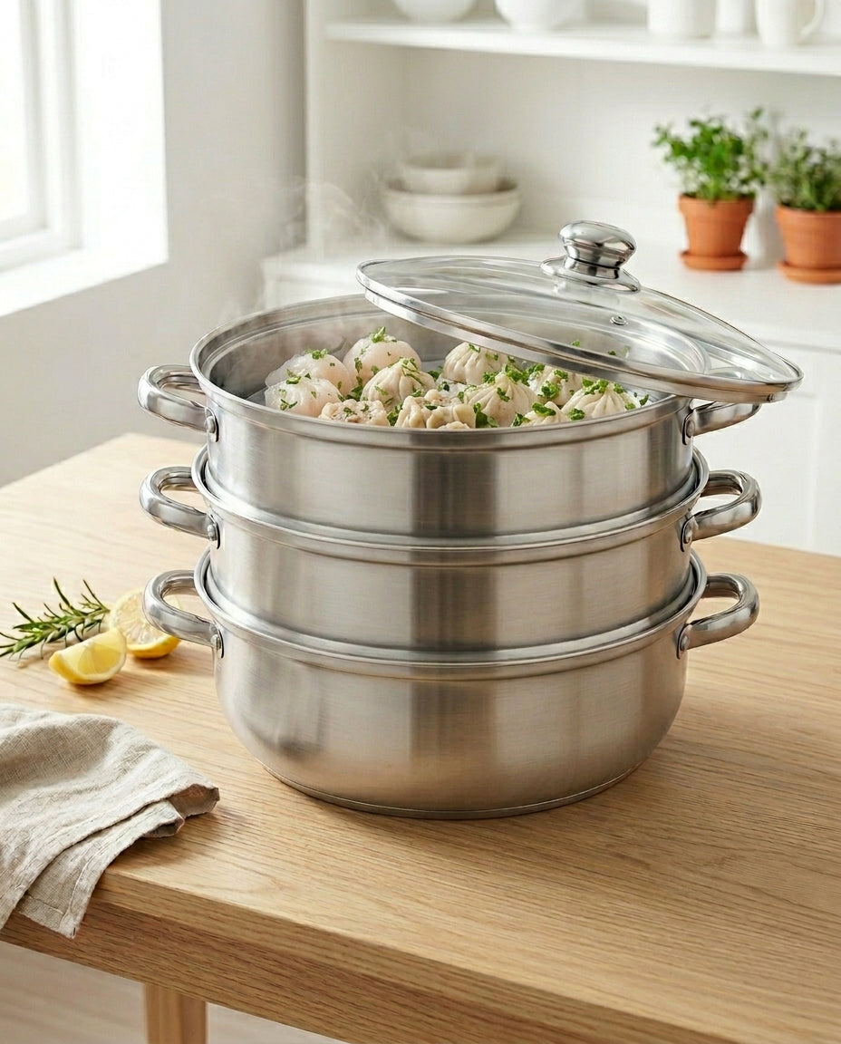 3-Tier Stainless Steel Steamer | Glass Lid & Handles