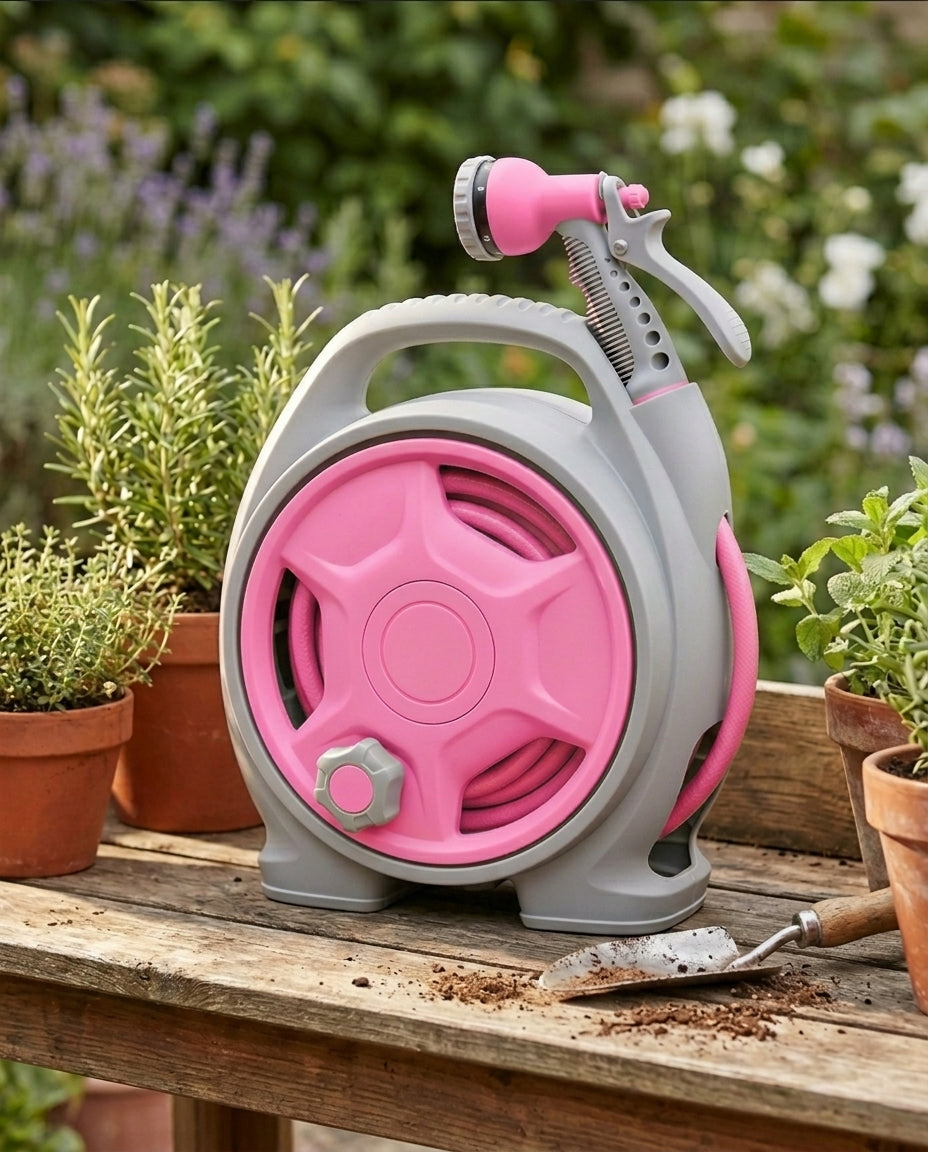 Compact Hose Reel Cart with Spray Nozzle | Garden Watering