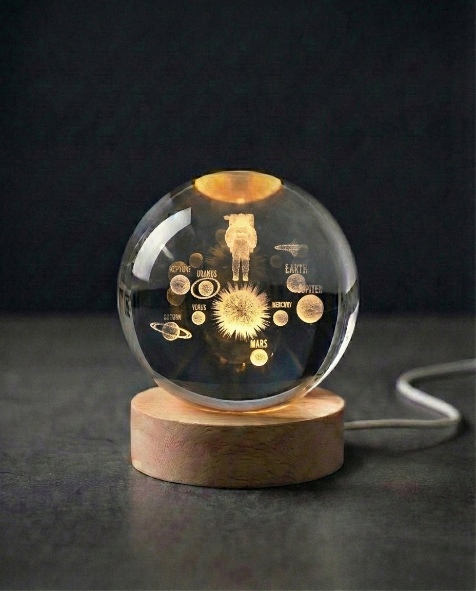 3D Crystal Sphere Lamp | Laser-Engraved Space Night Light