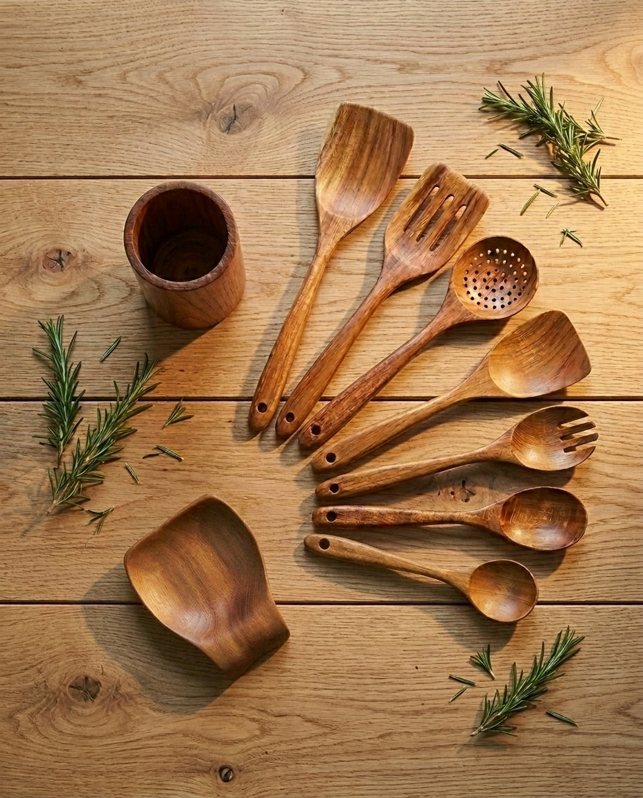 Wooden Kitchen Utensil Set – 9-Piece Teak Cook's Collection