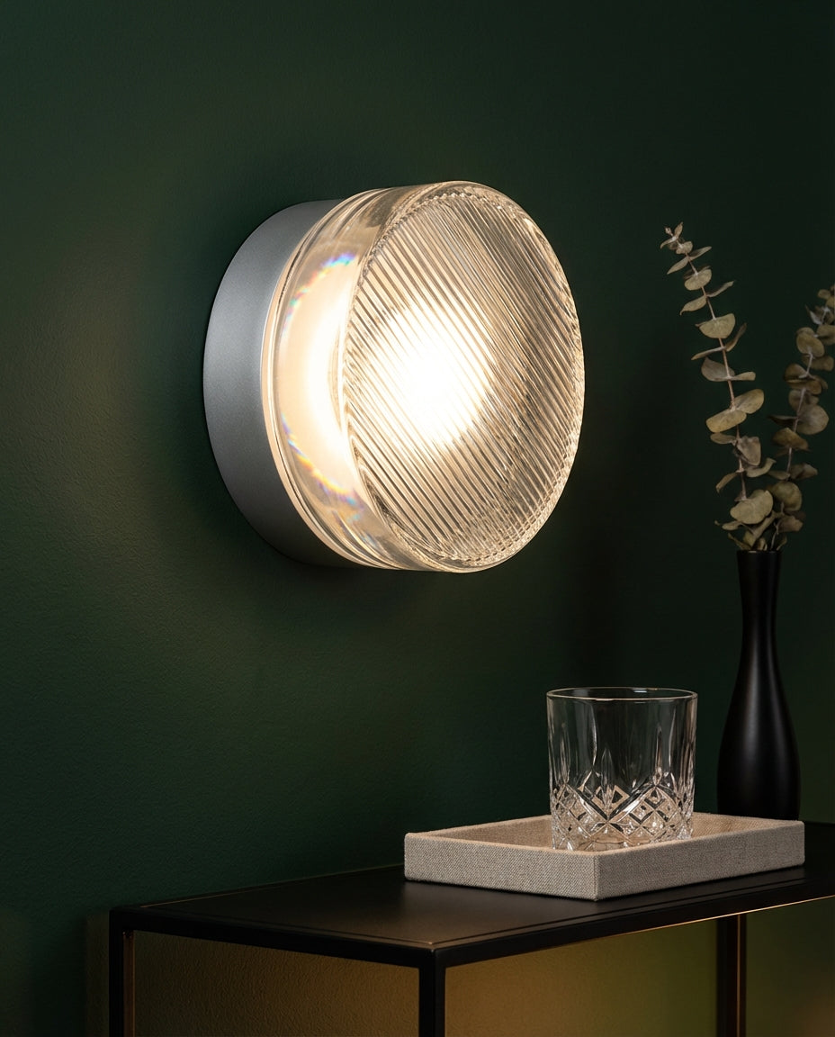 Round Glass Wall Light Sconce – Ribbed LED Lamp