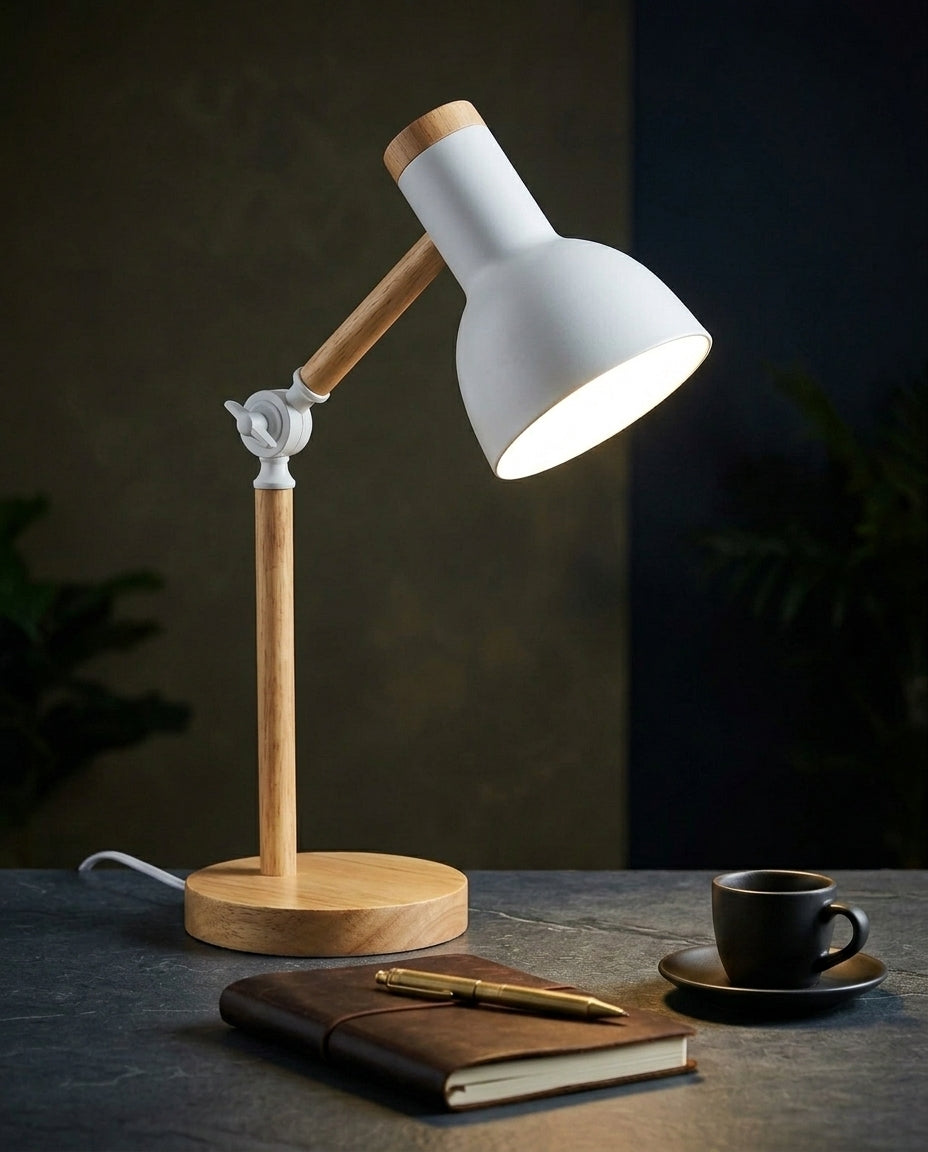 Nordic Wood LED Desk Lamp – Adjustable Arm & Touch Dimmer
