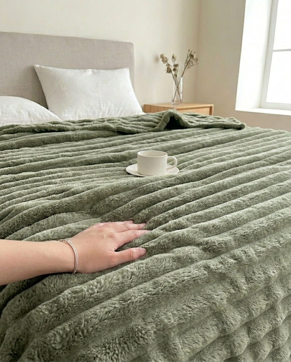 Faux Rabbit Fur Striped Throw Blanket | Soft & Warm