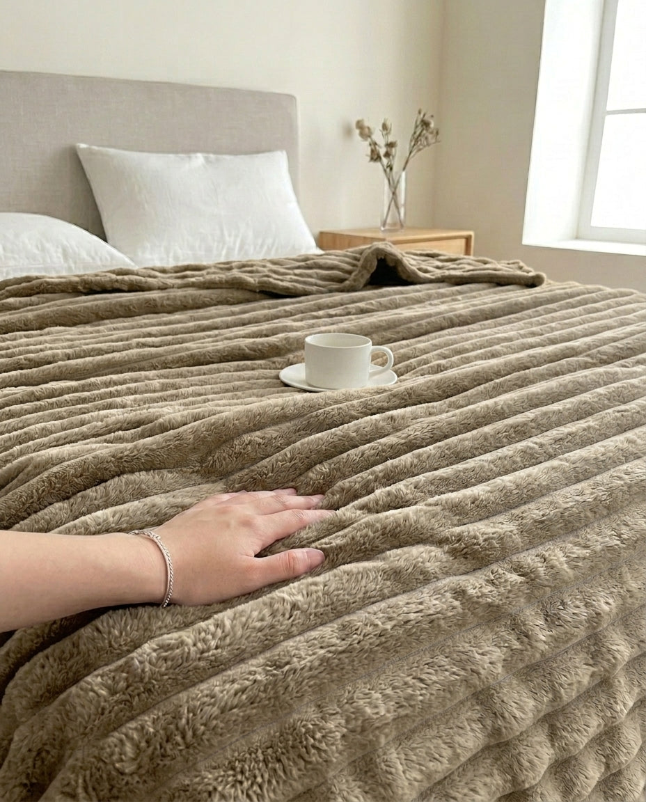 Faux Rabbit Fur Striped Throw Blanket | Soft & Warm