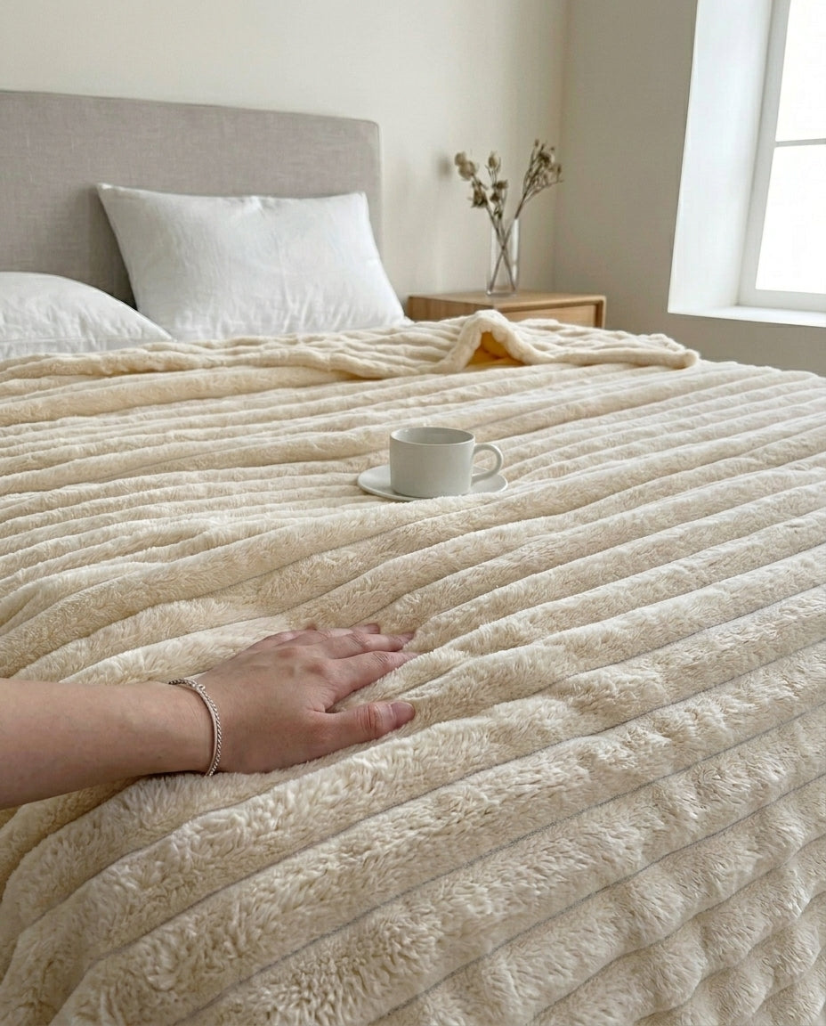 Faux Rabbit Fur Striped Throw Blanket | Soft & Warm