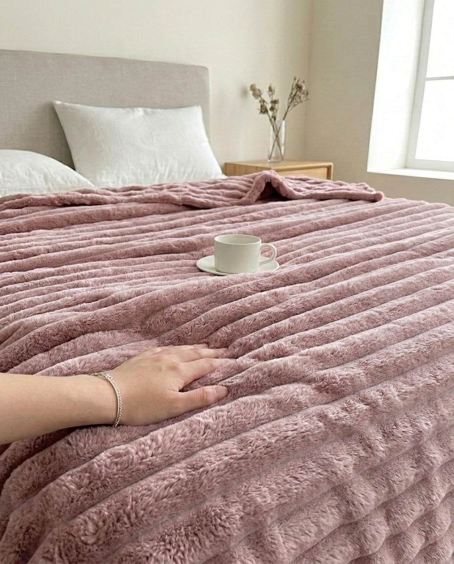 Faux Rabbit Fur Striped Throw Blanket | Soft & Warm