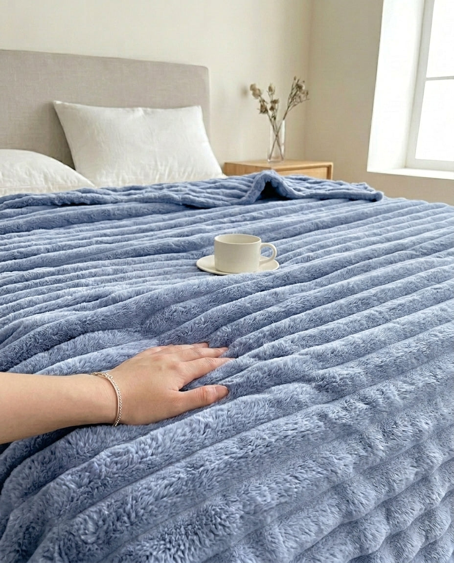 Faux Rabbit Fur Striped Throw Blanket | Soft & Warm